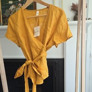Women's Wrap Linen Top in Mustard with Self-Tie Waist
